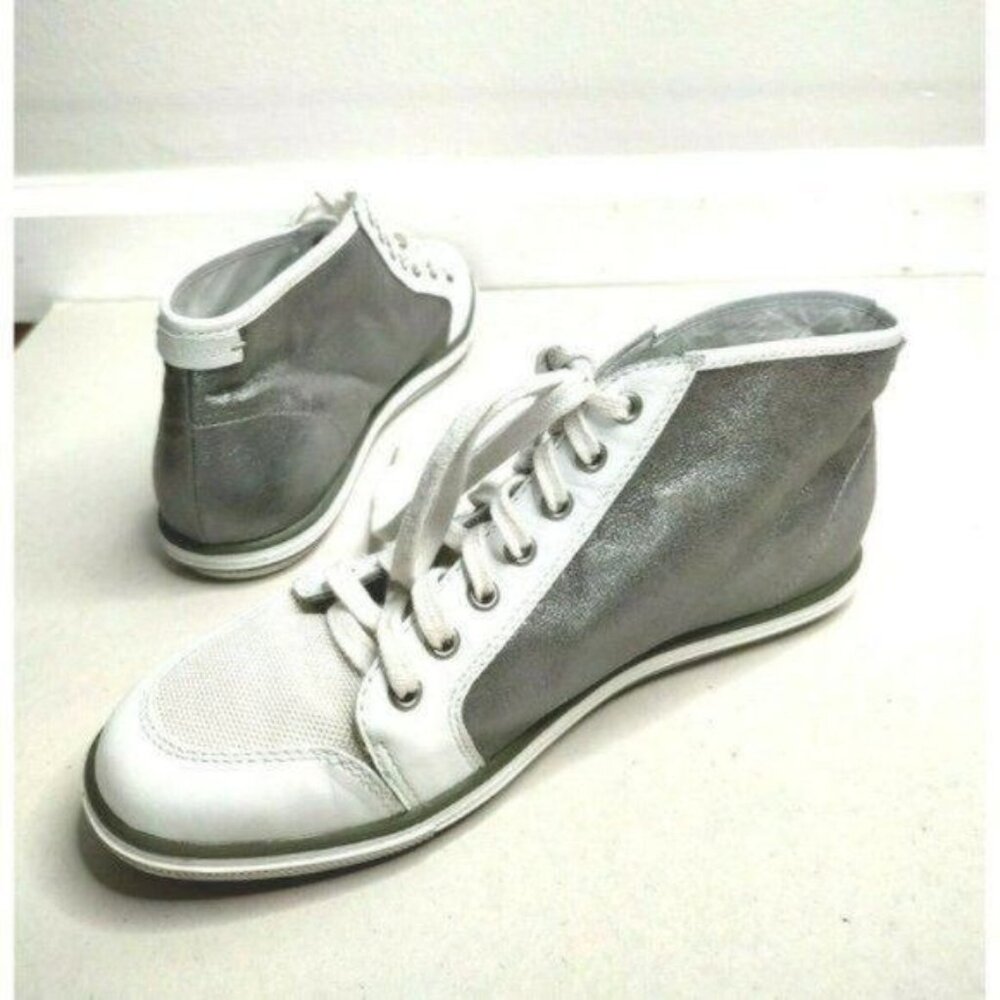 Elie Tahari High Top Sneakers 8 Silver Metallic White Leather - Picture 4 of 11